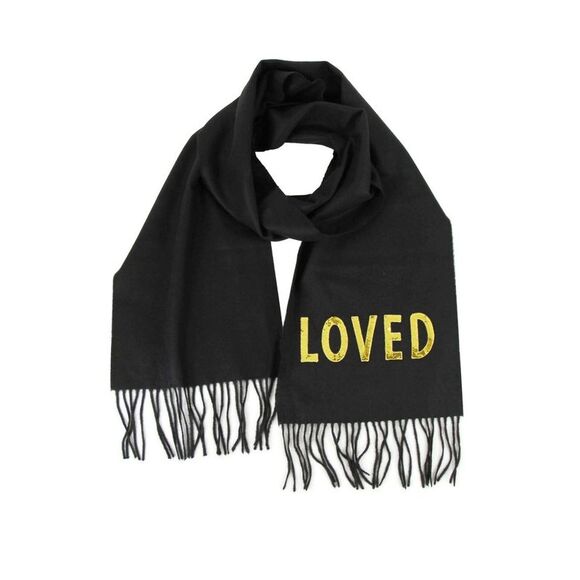 Gucci Women's Black Silk / Cashmere Long Scarf With Yellow Sequin "LOVED" - Picture 1 of 5